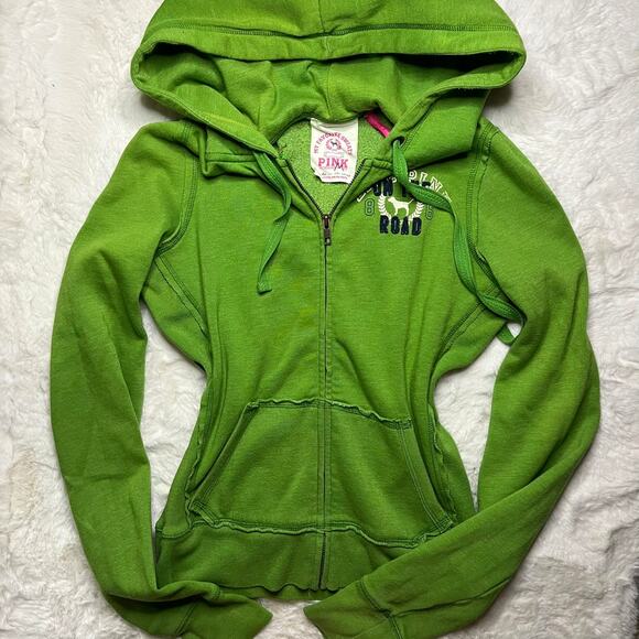 Vintage PINK Victoria's Secret Green Zip Up Hoodie - Picture 1 of 7